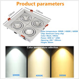 LED Spotlight Super Bright 40W 4-Head COB Recessed Square Dimmable Downlight for Ceiling Decoration AC85-265V