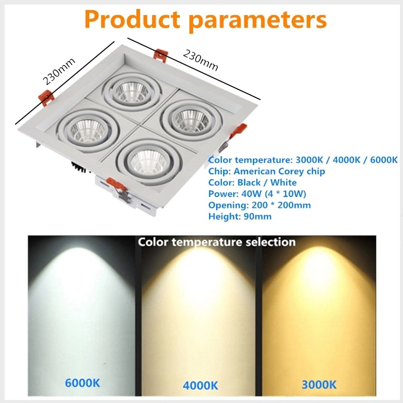 LED Spotlight Super Bright 40W 4-Head COB Recessed Square Dimmable Downlight for Ceiling Decoration AC85-265V