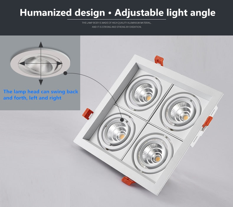 LED Spotlight Super Bright 40W 4-Head COB Recessed Square Dimmable Downlight for Ceiling Decoration AC85-265V
