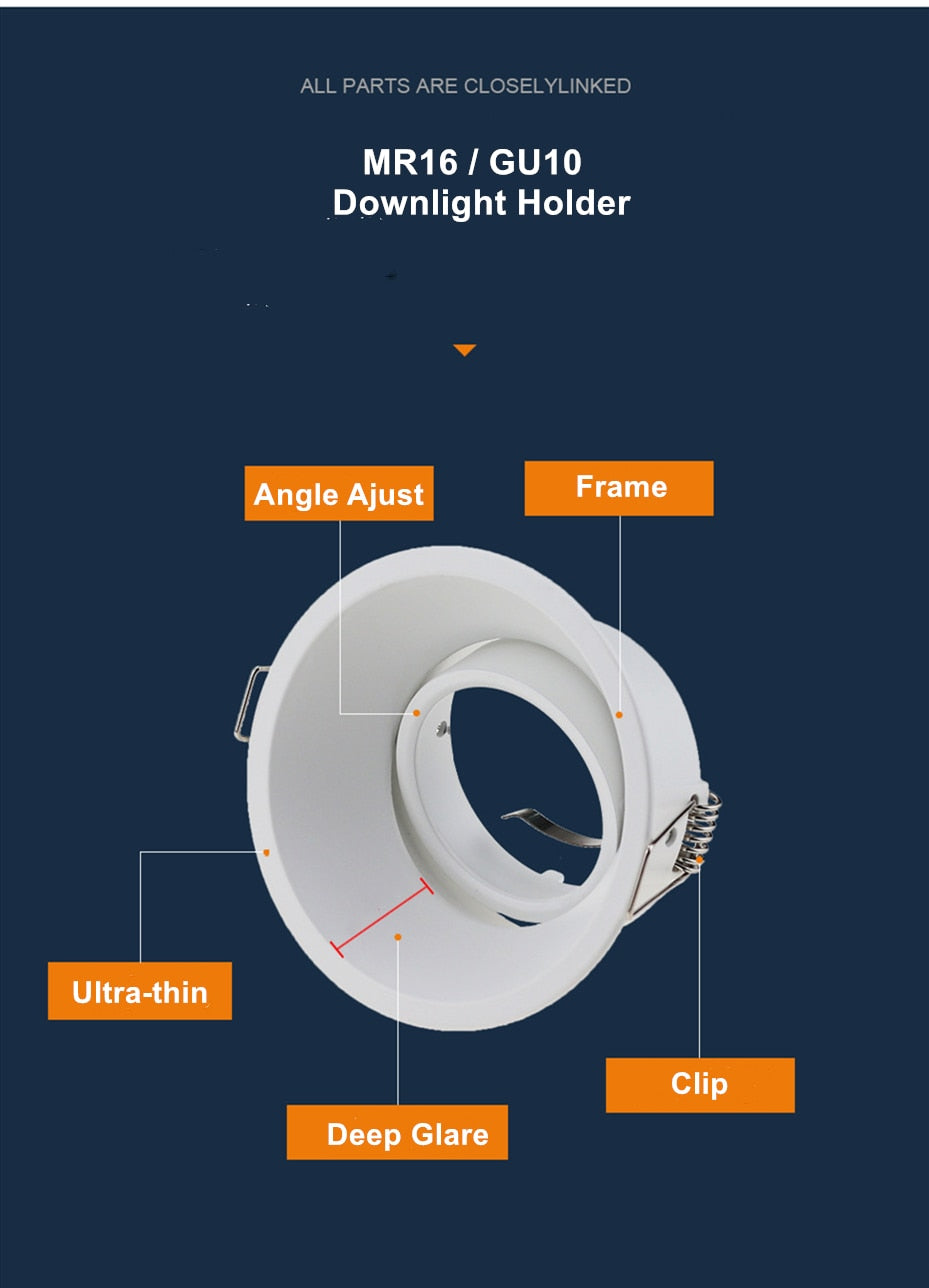 Anti-Glare Round/Square MR16/GU10 Housing Led Spot Light Bulb Holder Recessed Light Fixtures Downlight Frame