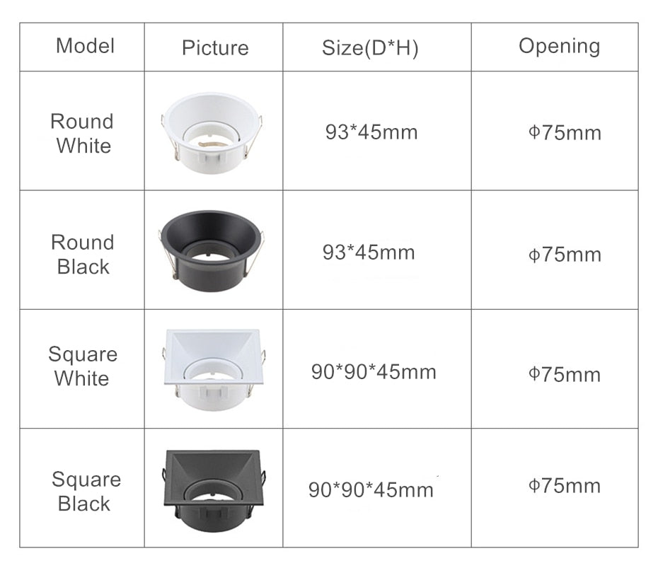 Anti-Glare Round/Square MR16/GU10 Housing Led Spot Light Bulb Holder Recessed Light Fixtures Downlight Frame