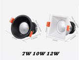 Dimmable Anti-Glare Recessed LED Downlights 7W 10W 12W COB LED Ceiling AC85~265V LED Ceiling Lamps Indoor Lighting