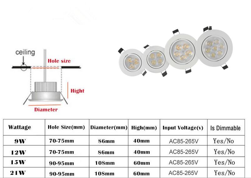 9W 12W LED Downlight Dimmable Warm White Nature White Pure White Recessed LED Lamp Spot Light AC85-265V