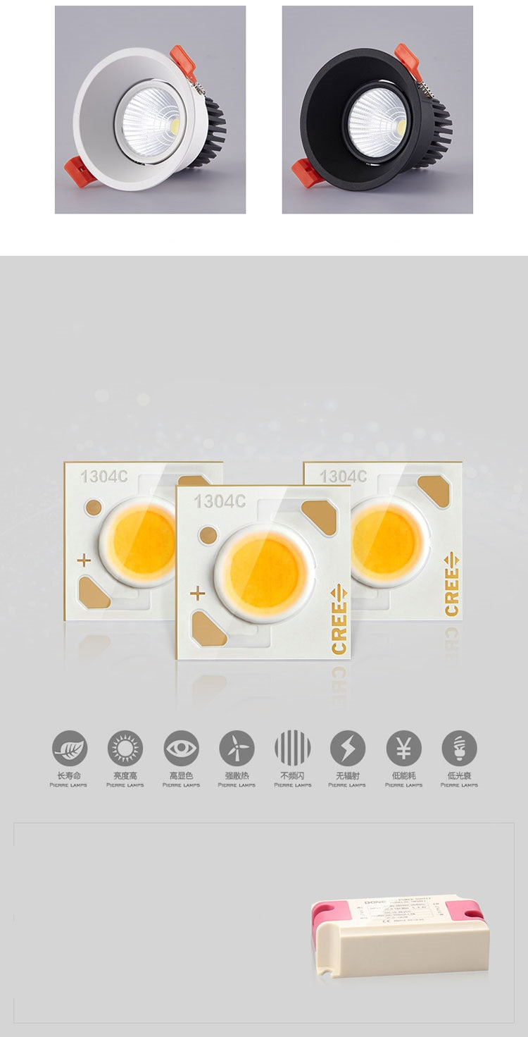 Dimmable LED Downlight 7W 10W 12W 85-265V COB LED DownLights Dimmable COB Spot Recessed Down light Light Bulb white body