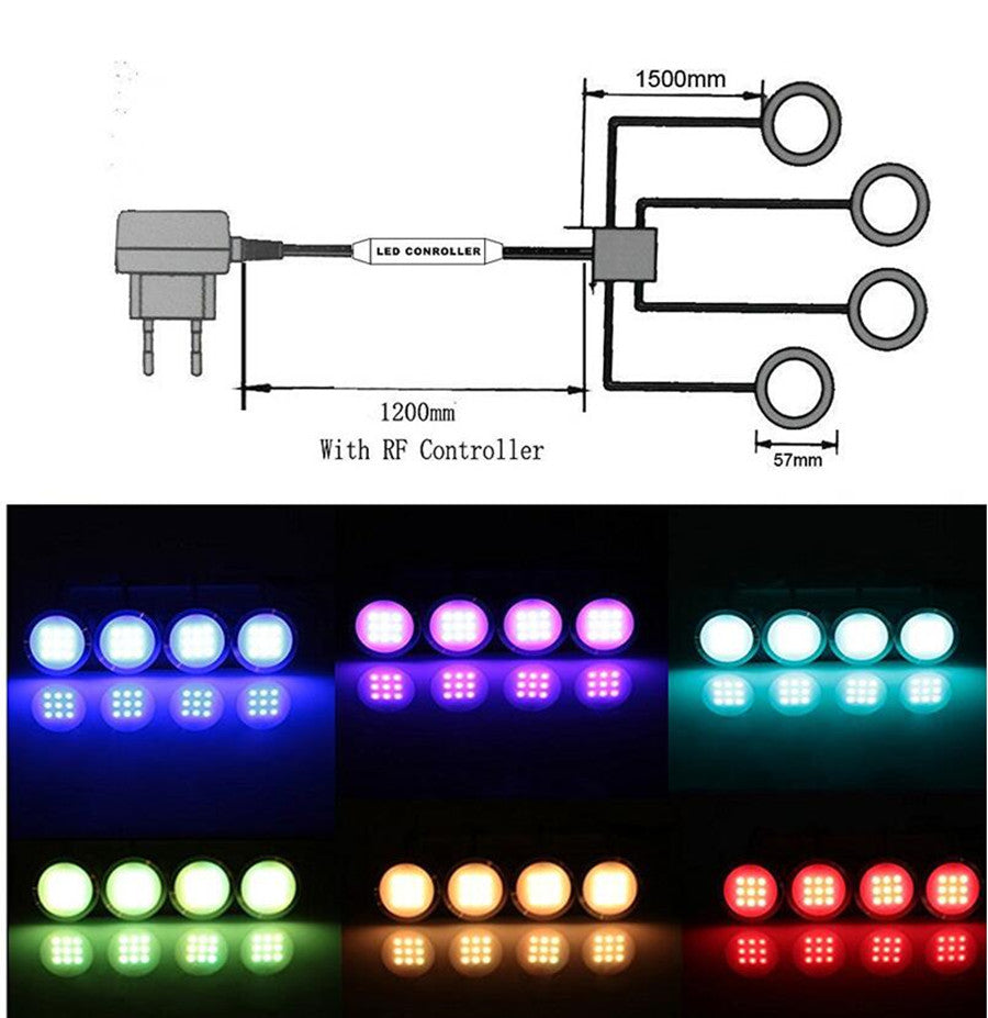 High Quality RGB LED Puck Light 4pcs LED Lamps Downlights With Controller Transformer AC110V 220V Under Cabinet Spotlight ONDENN