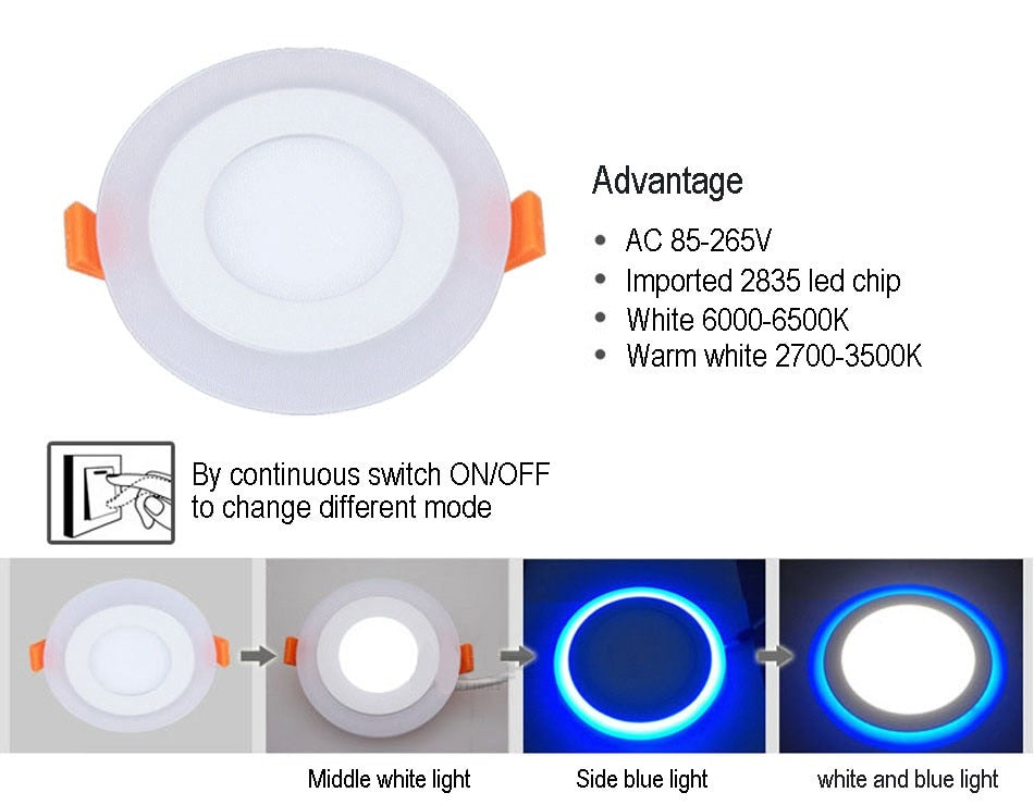 6W 9W 18W 24W led Ceiling Recessed panel Light Painel lamp home decoration round square Led Panel Downlight Blue+White 2 colors