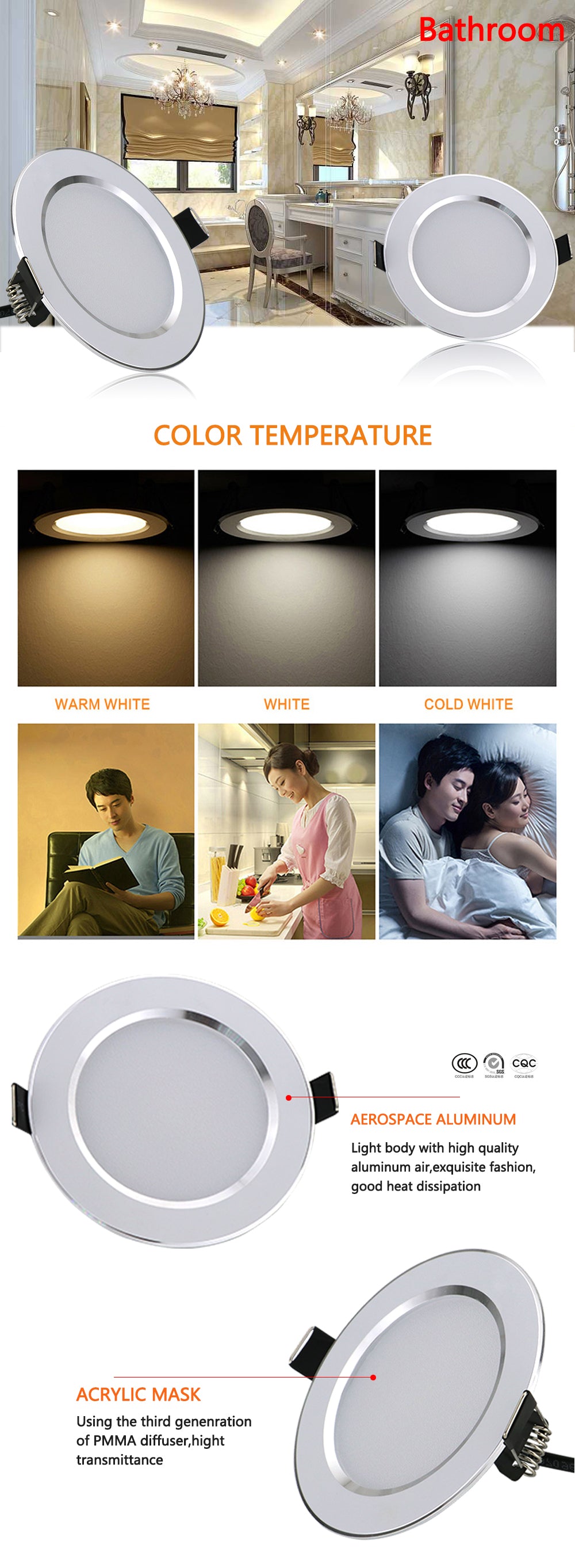 Hot Sale 5W 7W 9W Waterproof LED Downlight Dimmable Warm White Cold White 3 Color Recessed LED Lamp Spot Light AC220V