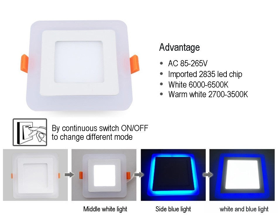 3 Model Square blue+ white double color Led Panel Light 6w/9w/16w/24W AC85-265V Recessed LED Ceiling downlight down lights