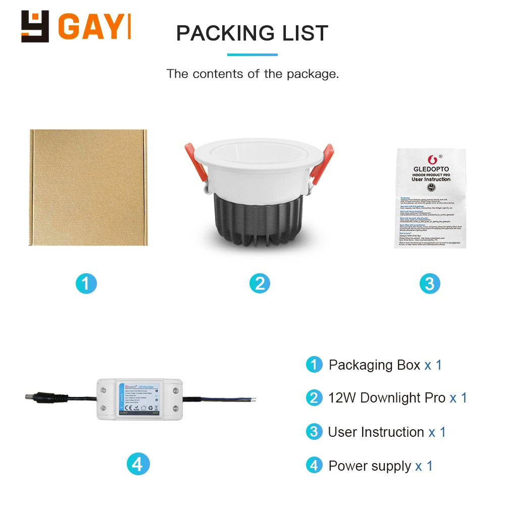 Gaoyi High quality Smart RGBCCT Recessed Downlight LED 12W Pro Dimmable Waterproof IP54 for Kitchen Bedroom Corridor Bathroom