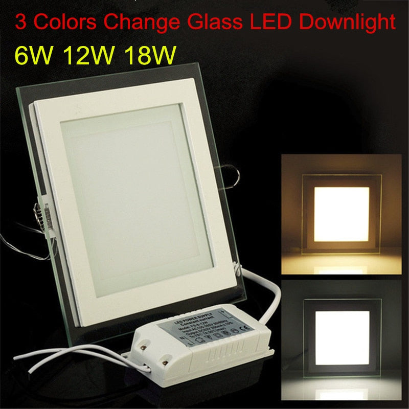 High quality Aluminum Glass LED Downlights 3 colors changeable ceiling lamp square shape panel 6w 9w 12w 18w Indoor light