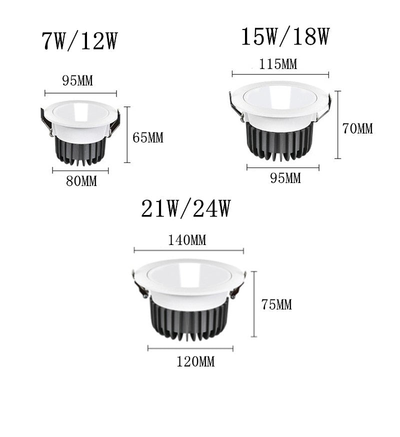Dimmable LED COB Spotlight Ceiling lamp AC85-265V 7W/12W/15W/18W Aluminum Recessed Downlight Round Panel Light Indoor Lighting