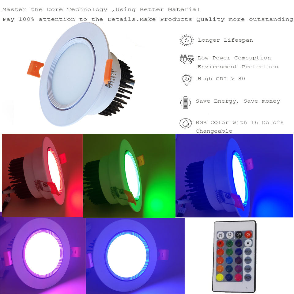 LED Ceiling Lamp Down Lights Color 4pc 3W 6W 9W RGB Changeable Recessed Downlight With Remote AC85-265V Dimmable RGB Spotlight
