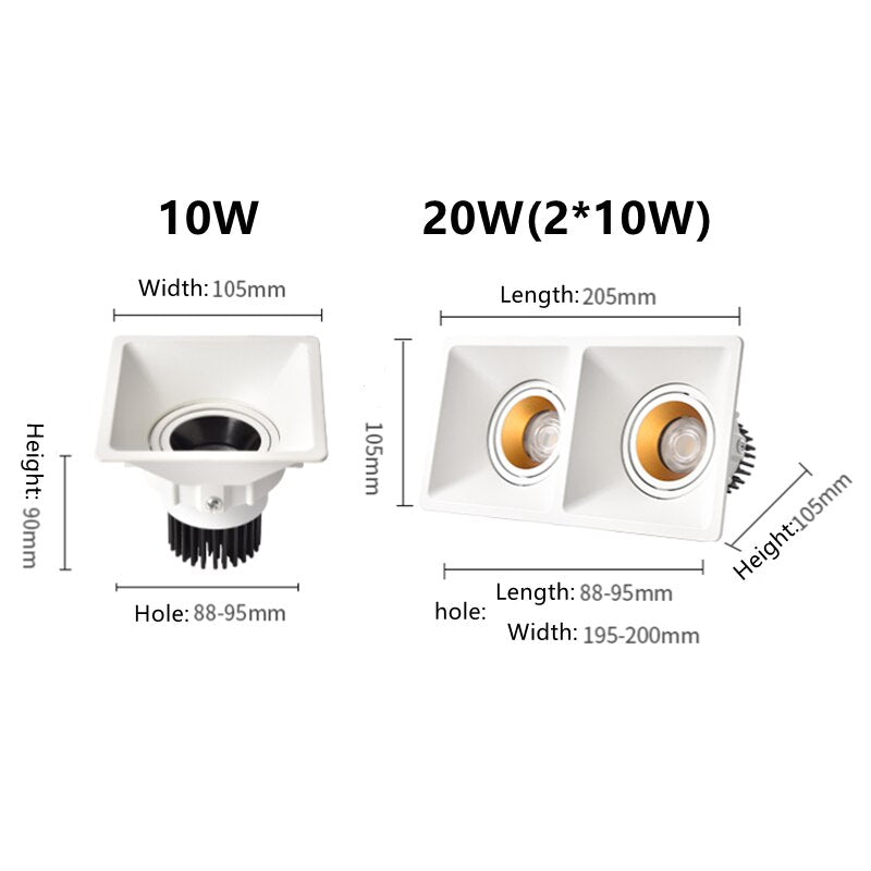 Square Recessed LED Downlight COB 10W 20W Ceiling Lamp Spotlight Dimmable AC 110V 220V For Indoor Lighting