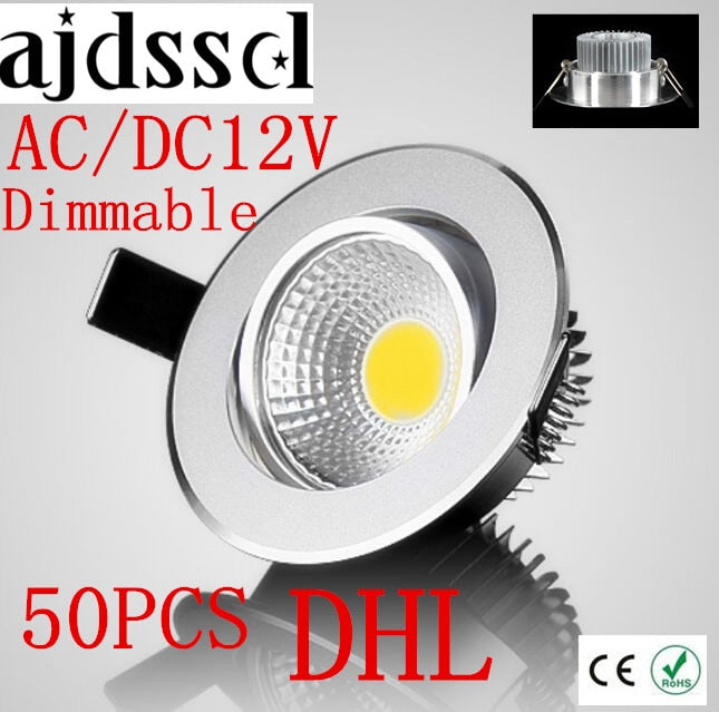 50PCS/lot Super Bright Recessed LED Dimmable Downlight COB 3W 5W 7W 12W LED Spot light LED decoration Ceiling Lamp AC/DC 12V