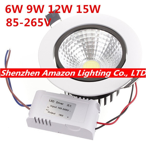 High Brightness COB led downlight lamp 6W 9W 12W 15W white shell AC85~265V spotlight ceiling Warm / Cool White
