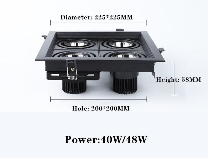 Super bright square dimmable led cob ceiling spotlight 40W/48W AC85-265V ceiling recessed light indoor lighting