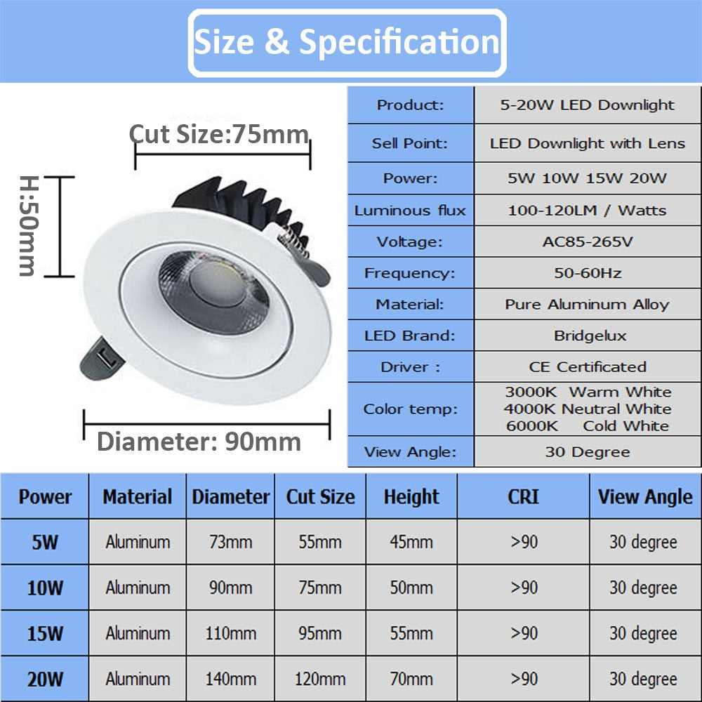 Recessed LED Downlight 5W 10W 15W 20W Adjustable 4pcs Spot LED Ceiling Down Light 90-260V Dimmable LED Spotlight