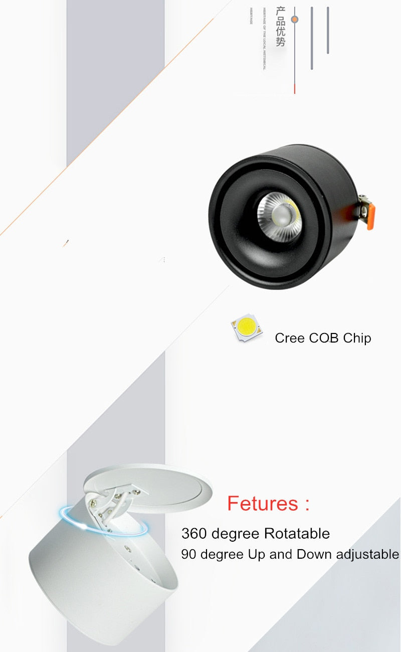 360 degree Rotatable LED COB Recessed Downlight Black/White Housing 7W 10W 12W 15W 18W LED Ceiling Spot Light AC110V 220V