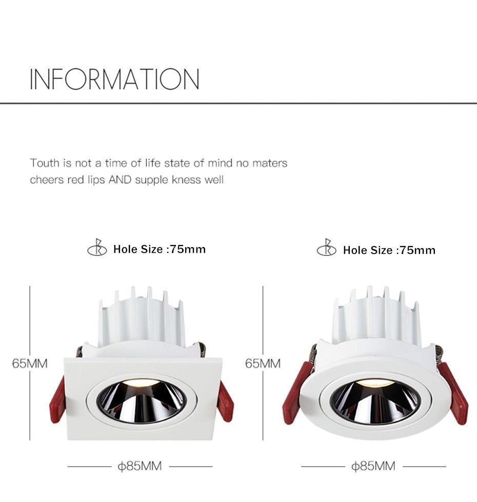 LED Downlight Dimmable 7W 12W Square/Round Recessed Lamp AC220V 230V NO Glare Recessed LED Lamp Spot Light for Indoor Lightings