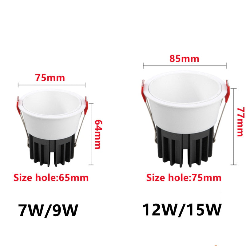 Dimmable Recessed Anti Glare COB LED Downlights 7W/9W/12W/15W LED Ceiling Spot Lights AC85~265V Background Lamps Indoor Lighting