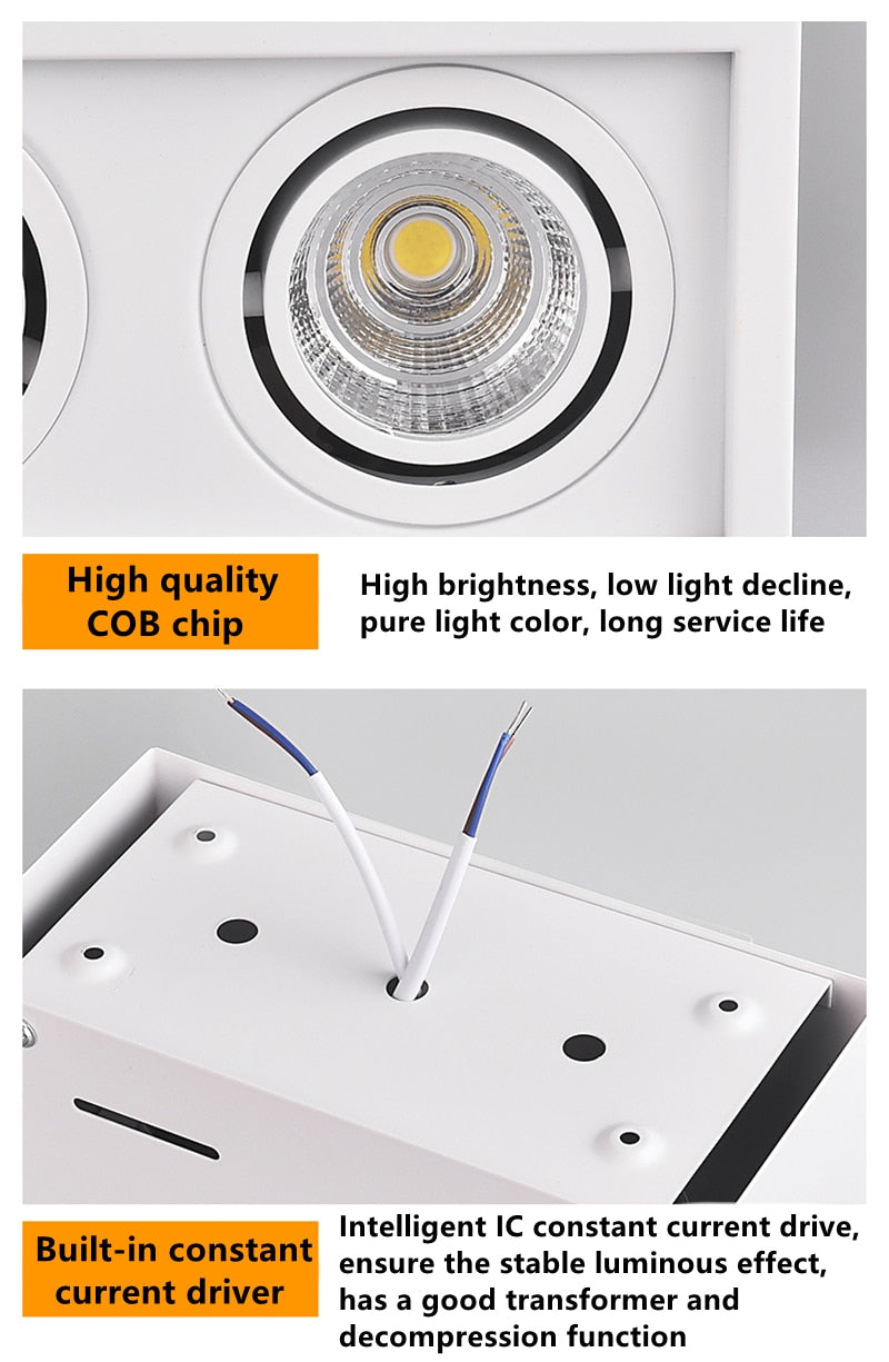 Super Brightness AC 85-230V Square Surface Mounted LED COB Dimmable Downlights 10W 15W 2X10W 2X15W LED Ceiling Lamp Spot Light