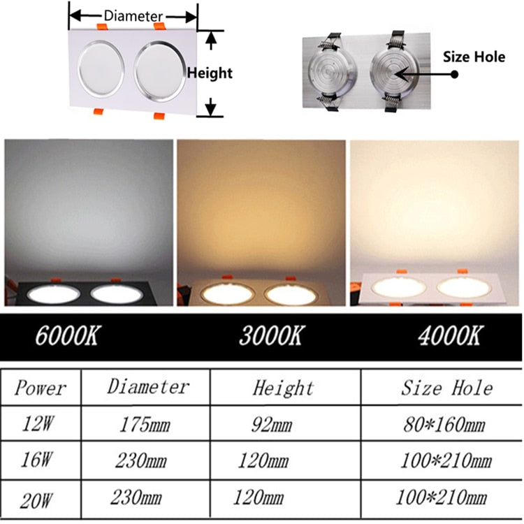 Dimmable LED Downlights 12W 16W 20W AC85-265V Square LED Ceiling Lamp Down Light for Kitchen Home Indoor Lighting