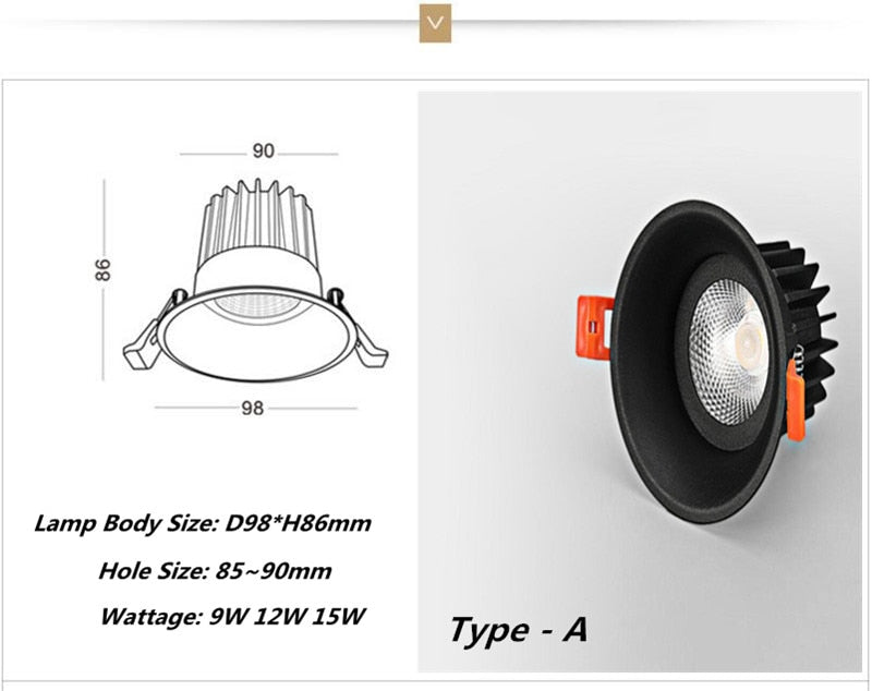 Dimmable Recessed COB LED Downlights 9W 12W LED Ceiling Spot Lights AC85-265V LED Ceiling Lamps Warm Cold White Indoor Lighting