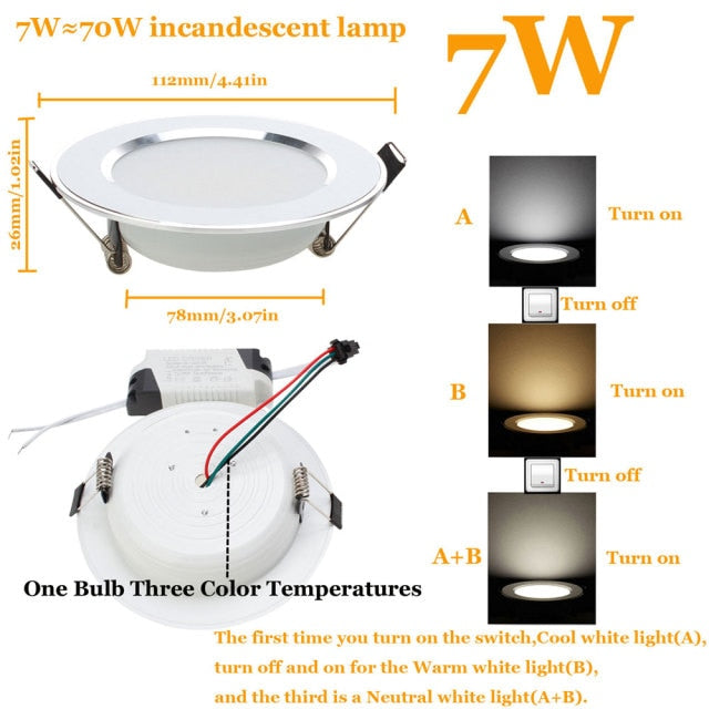 LED Downlight Lamp 3W 5W 7W 9W 12W 15W 18W Ceiling Recessed 10pcs/lot Downlights Round Led Panel Light Three Color 220V 110V