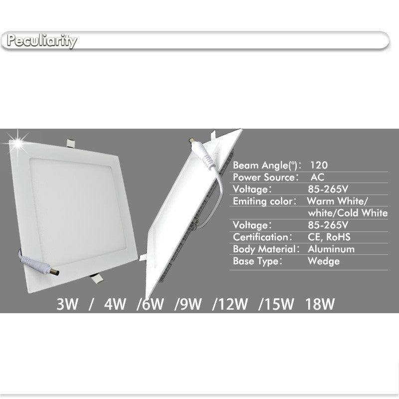 Ultra thin Square Panel AC110V 220V 4W 6W 9W 12W 15W 18W SMD2835 recessed ceiling led panel light downlight White / Warm white