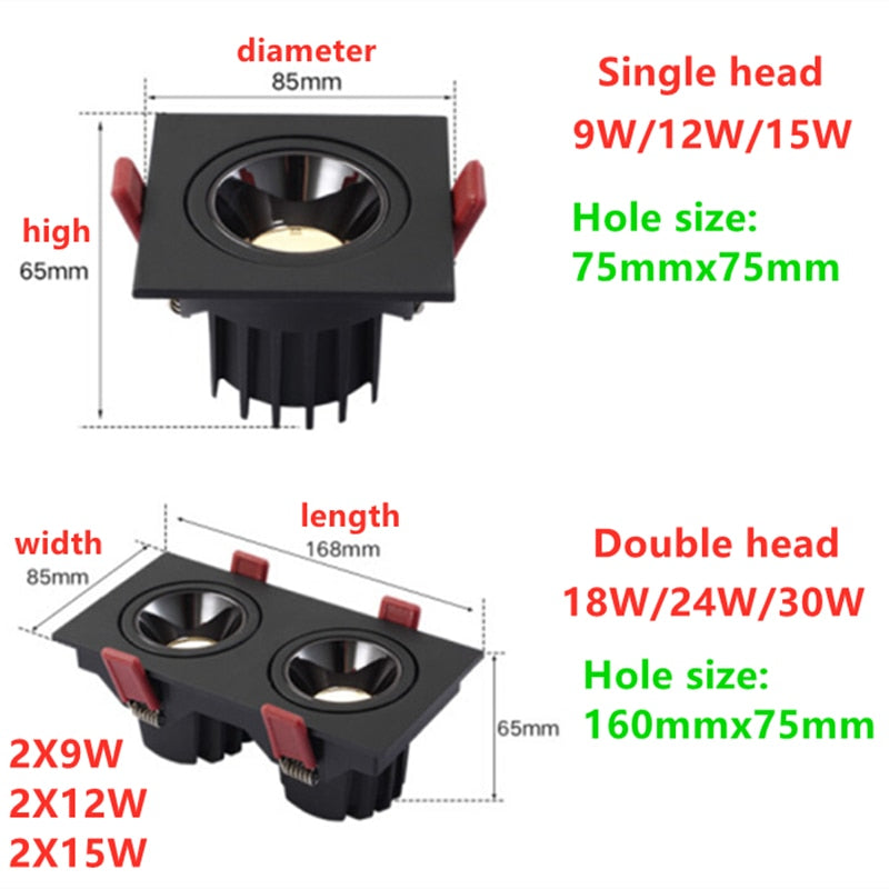 2021 Angle Adjustable Anti-glare Square LED COB Recessed Downlights 9W 12W 15W 18W 24W 30W LED Ceiling Spot Lights AC90-260V