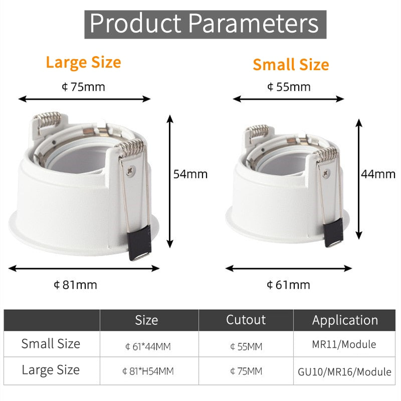 Recessed GU10/MR16 LED Downlight Mounted Frame Round Anti-Glare Lamp Holder Cut Hole 55/75mm Ceiling Spot Lights Fitting Fixture