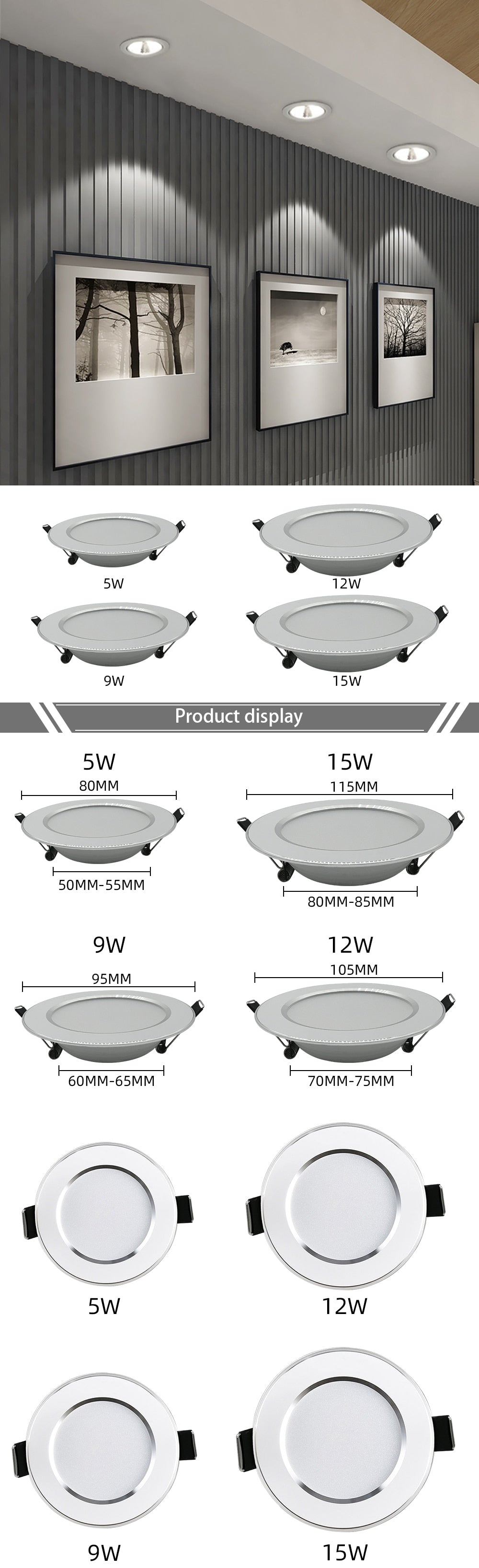 LED Downlight 5W 9W 12W 15W AC220V-240V Tricolor Downlight Ultra Thin Aluminum Round Recessed LED Spotlight Indoor Lighting