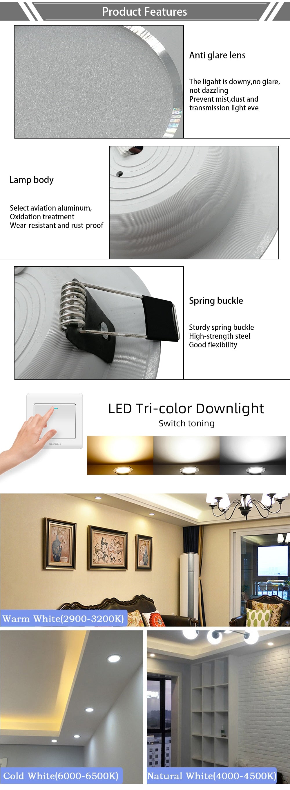 LED Downlight 5W 9W 12W 15W AC220V-240V Tricolor Downlight Ultra Thin Aluminum Round Recessed LED Spotlight Indoor Lighting