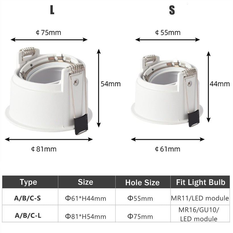 LED Downlights Fitting GU10 MR16 MR11 Base 55mm 75mm Cut Hole Ceiling Recessed Lamp Replaceable Bulb Aluminum Frame Spot Light