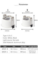 LED Downlights Fitting GU10 MR16 MR11 Base 55mm 75mm Cut Hole Ceiling Recessed Lamp Replaceable Bulb Aluminum Frame Spot Light