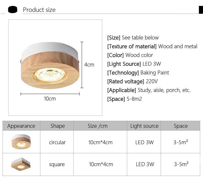 Nordic Simple Surface Mounted Spotlights LED Wooden Round/Square Downlight Living Room Bedroom Hotel Aisle Corridor Lamp