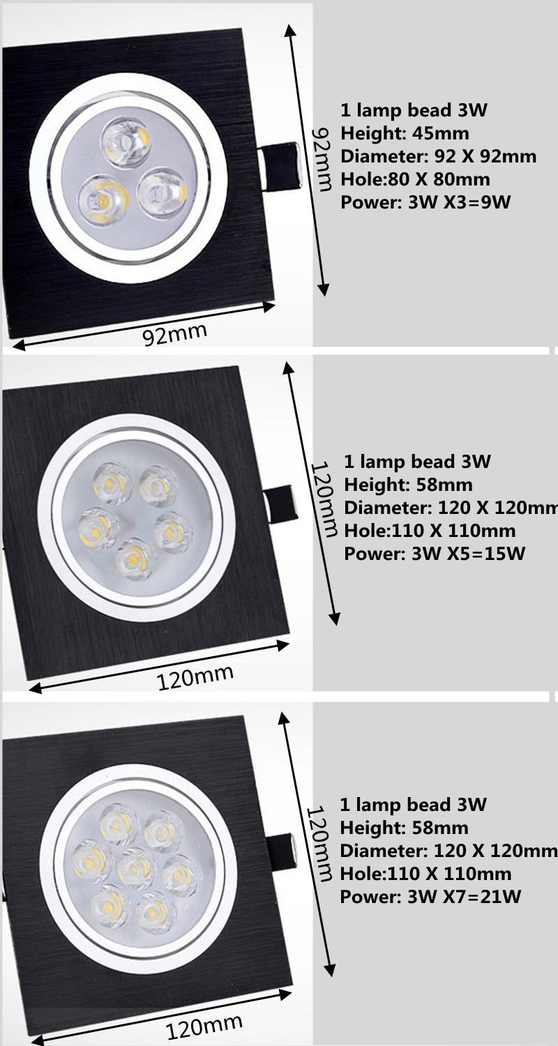 LED Dimmable Square Led Downlight 9W 15W 21W Recessed Led Ceiling Down Light Lamp Indoor lighting AC85-265V home renovation