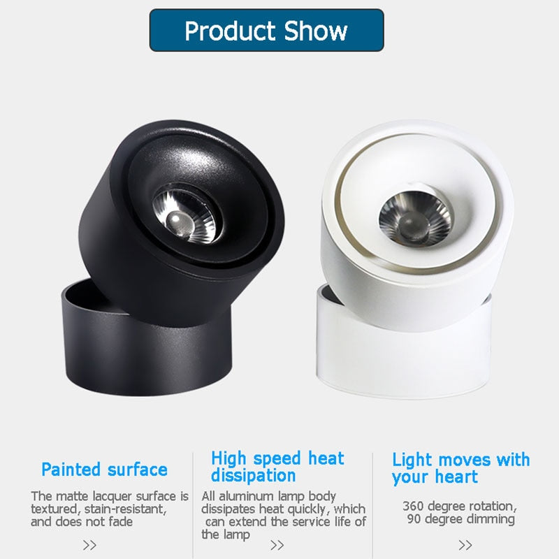 Dimmable COB LED Downlights Adjustable Surface Mounted LED Ceiling Lamp Downlight Foldable 360 Degree Rotatable Spot light