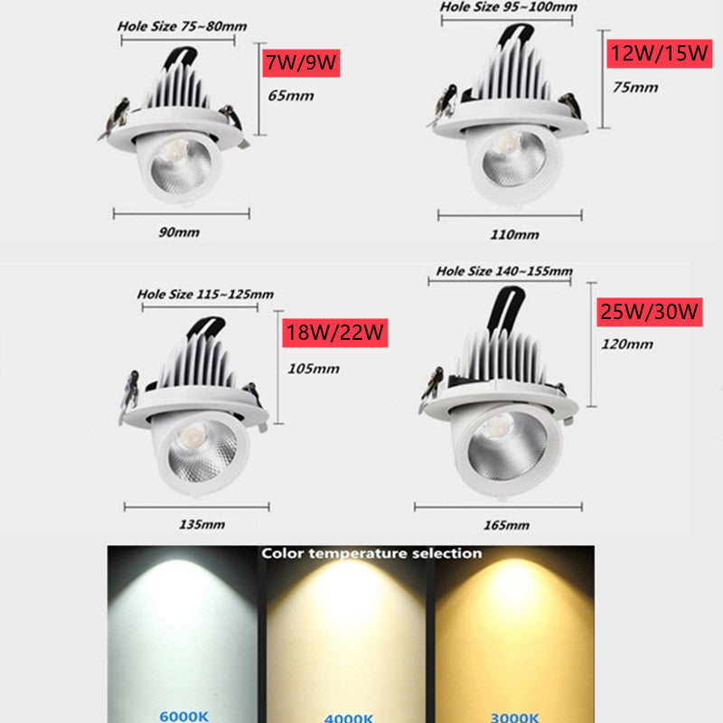 Dimmable LED Downlights, Indoor Lighting, 7W 9W 12W 15W 18W 22W 25W 30W  , AC85-265V, Adjustable, 360 °, COB Spotlight