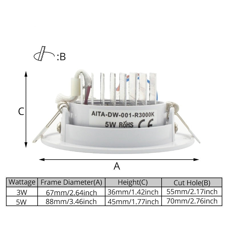COB LED Downlight 3/5W 110-240V 270/450lm White Ceiling Spot Lamp Warm/Cold White 55mm 75mm Cut Hole No Flicker Driver