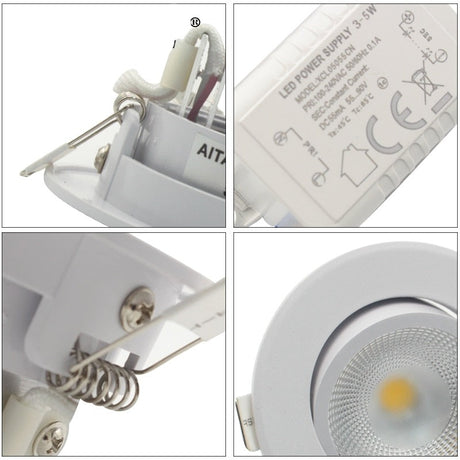 COB LED Downlight 3/5W 110-240V 270/450lm White Ceiling Spot Lamp Warm/Cold White 55mm 75mm Cut Hole No Flicker Driver