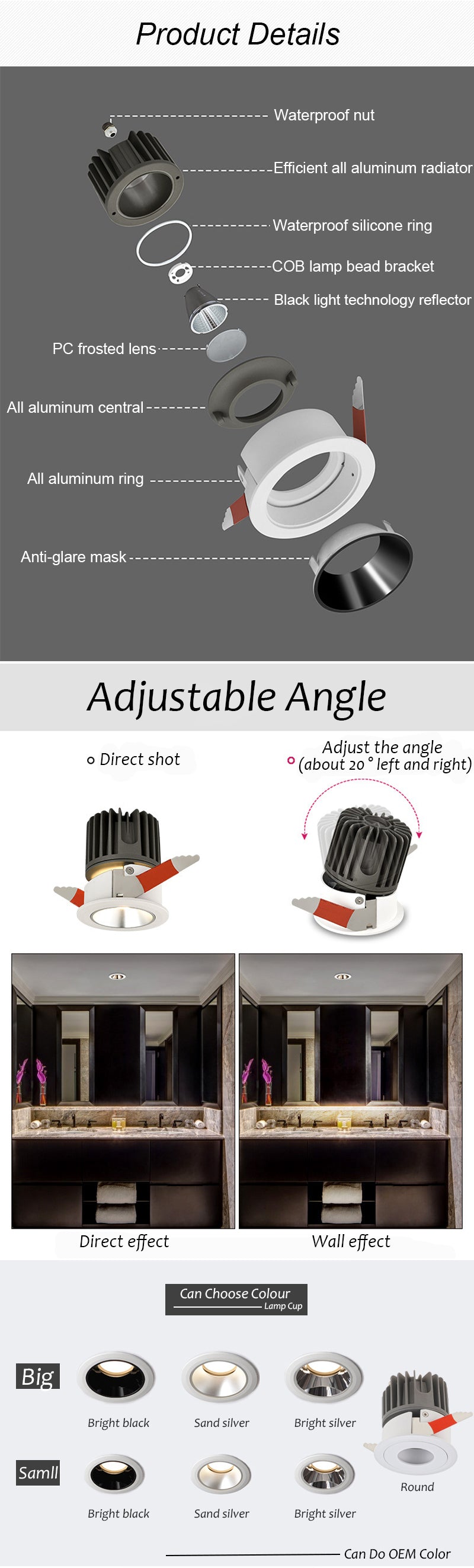 LED Recessed Downlight 7W 12W Dimming Ceiling Spotlight Modern Waterproof Light for Indoor Kitchen Living Room Shower Room