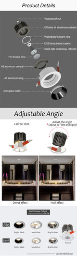 LED Recessed Downlight 7W 12W Dimming Ceiling Spotlight Modern Waterproof Light for Indoor Kitchen Living Room Shower Room