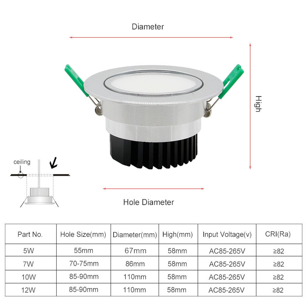 DBF Silver Housing Frosted Len LED Recessed Downlight Brighter Epistar COB LED Ceiling Spot Lamp 5W 7W 10W 12W with Transformer