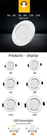 LED Downlight 3W 5W 7W 9W 12W 15W Round Recessed Down Lamp AC 220V LED Ceiling Light Bedroom Kitchen Indoor Lighting Spotlight