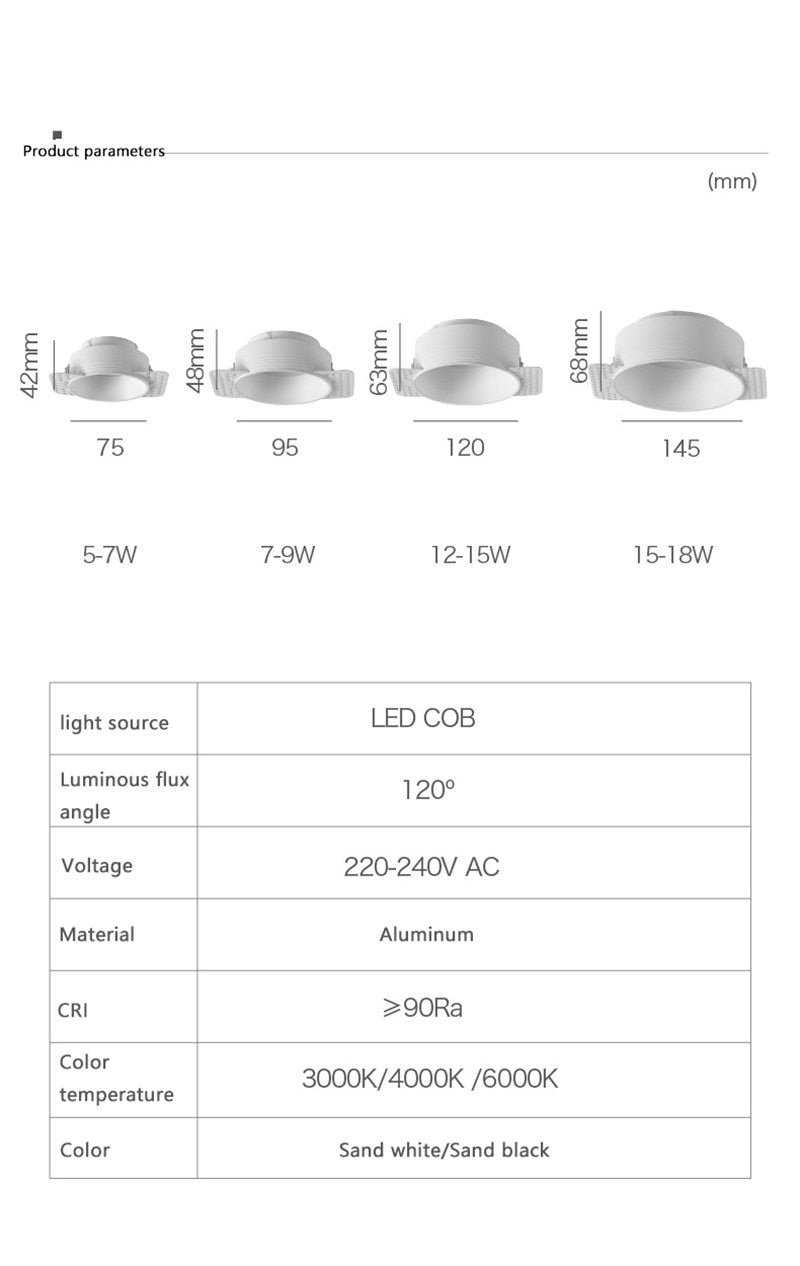 Recessed Led Downlight Round COB Dimmable Spotlight Ceiling Spot Light 220V Downlights Led Empotrable for Kitchen Living Room
