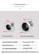 BRGT LED Spot Light Frameless Embedded Lights COB 5W 7W 12W Anti-glare Ceiling Lamp Trimless Aluminum Recessed Downlight Indoor