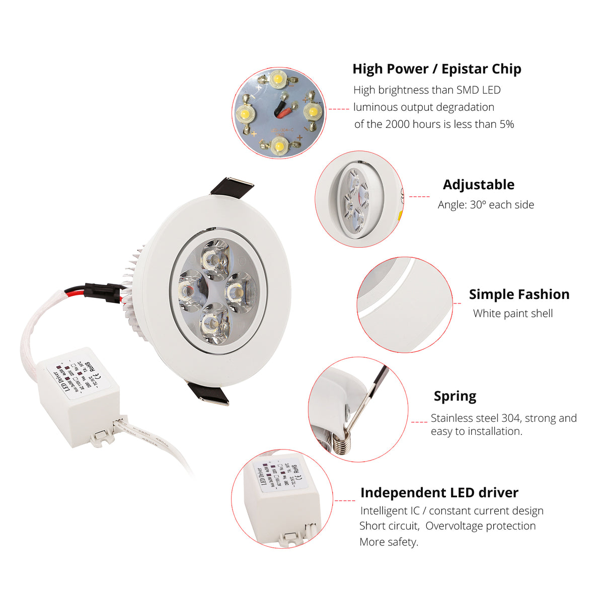 White Led 1W 3W 4W 5W 7W Downlight Residentiële Dimbare Verzonken Led Lamp Licht Verstelbare Recessed Ceiling Spotlight Downlight