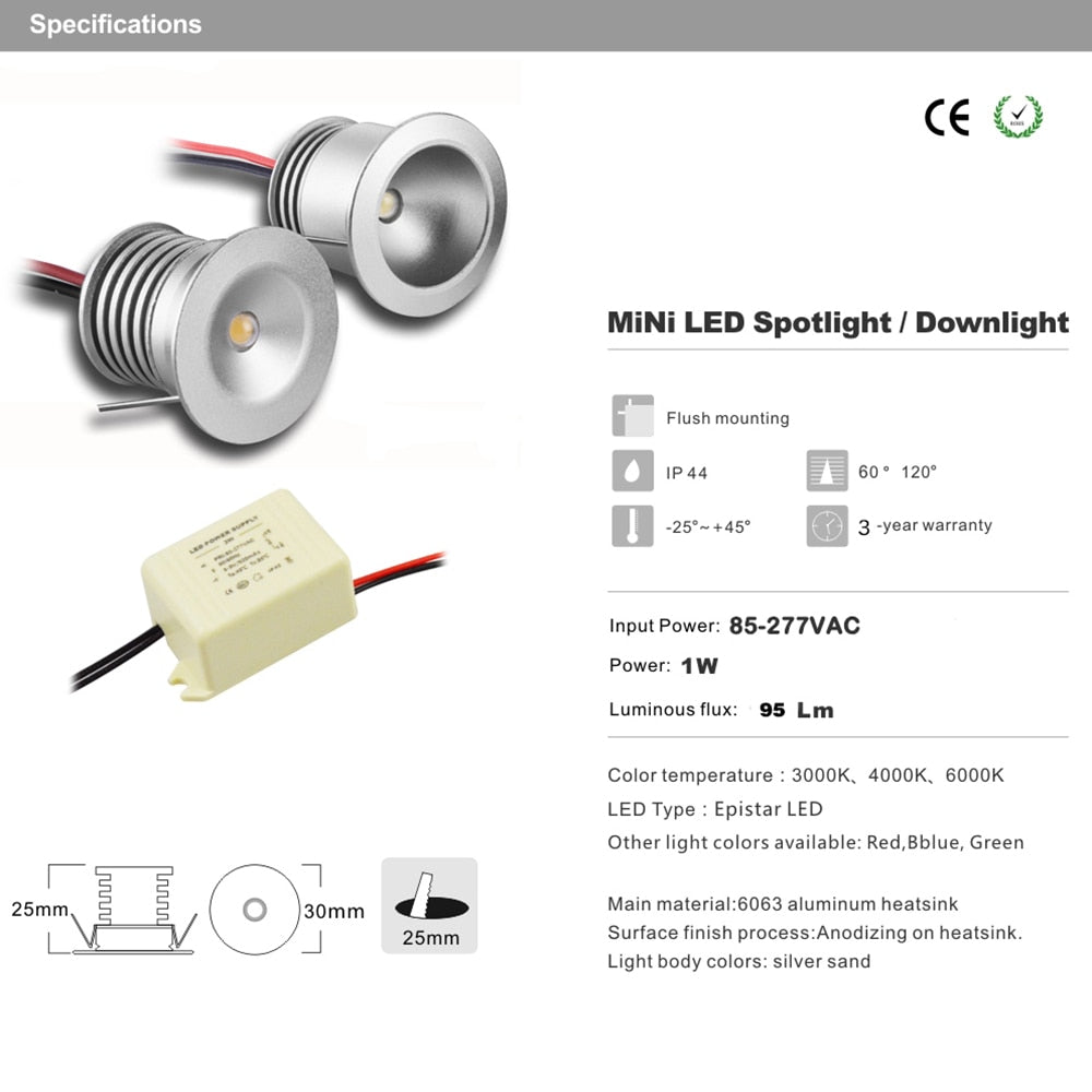 LED Recessed Downlight 1W AC85-277V LED Ceiling Spot Light Bedroom Indoor Lighting 25mm Cutout