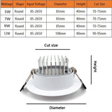 White-round LED COB Downlight Dimmable COB Downlight Light 5W/7W/9W/12W AC85-265V LED Cabinet Light